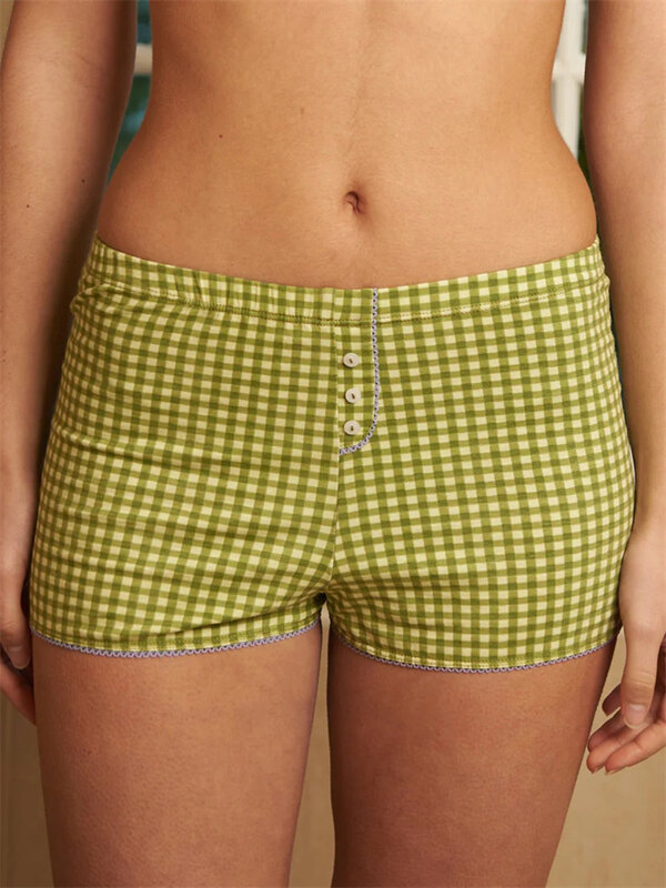 Chronstyle Frauen Pyjama Shorts Slim Fit lässig elastisch niedrige Taille Plaid Print kurze Hosen Knöpfe Lounge Shorts für den Sommer 2024