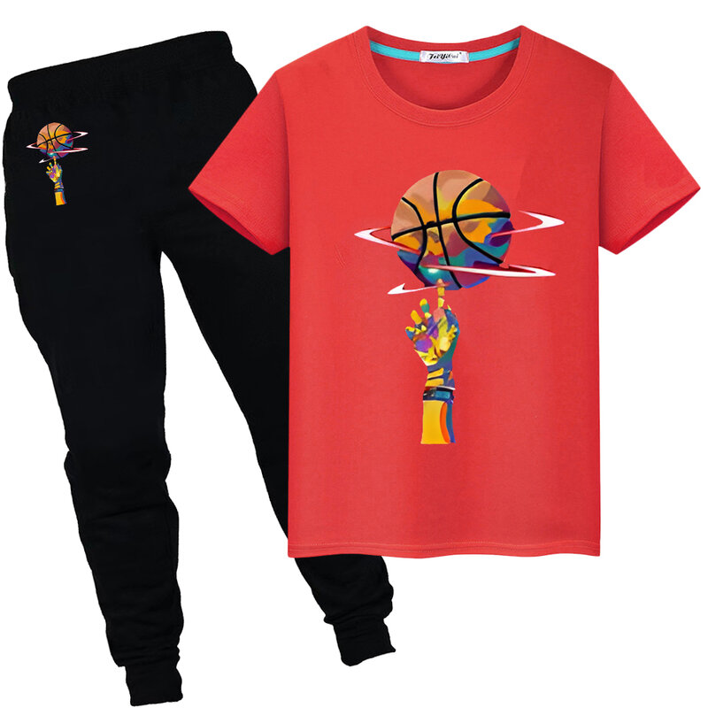 男の子と女の子のためのバスケットボールプリントTシャツ,kawaiiショートスポーツセット,y2kトップスとパンツ,子供の日プレゼント,夏の服,100% コットン