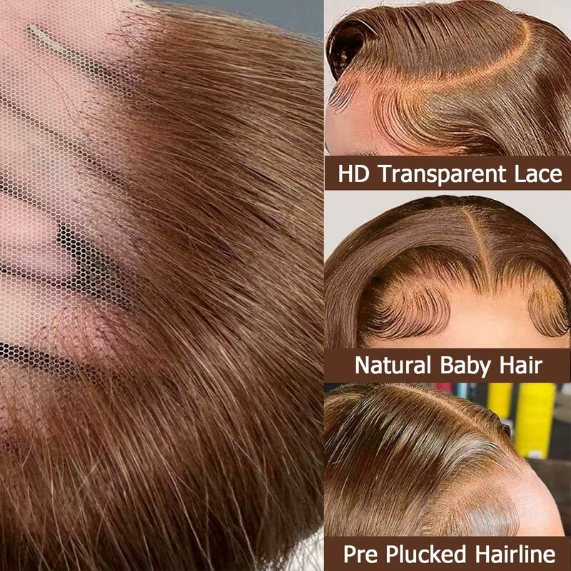 Perruque Bob Lace Front Brésilienne Naturelle, Cheveux Courts Lisses, Brun Chocolat, Transparent HD