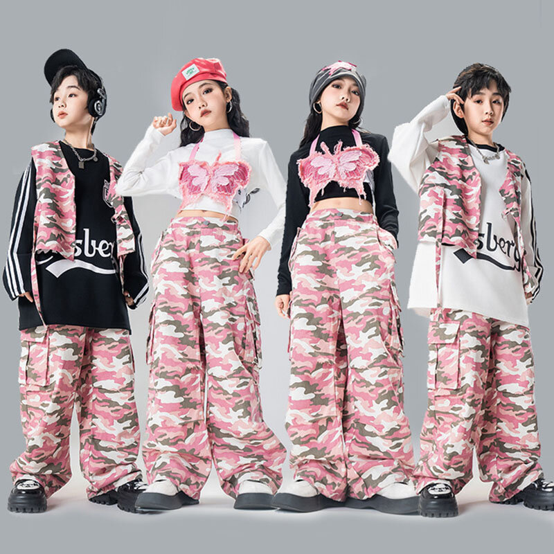 Dziecko Kpop odzież Hip hopowa różowy motyl Top typu Crop Tank kamuflaż na co dzień szerokie spodnie Cargo dla dziewczyny kostiumy do tańca Jazz