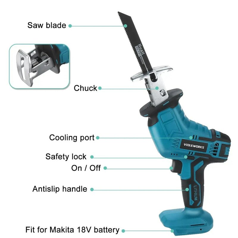 18V Portable Cordless Electric Saw Reciprocating Saw No Battery with 4PC Blades Metal Wood Cutting Tool for Makita 18V Battery