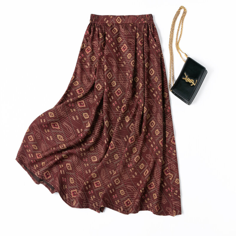 2024 Women's Summer New Twill 100% Natural Mulberry Silk Fragrant Cloud Yarn Retro Plaid Elastic Waist Large Swing Skirt