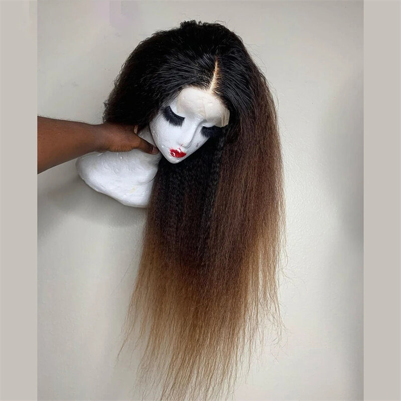 Yaki-peluca frontal de encaje liso prearrancado para mujer, pelo sintético sin pegamento, 30 pulgadas de largo, Marrón degradado, para uso diario