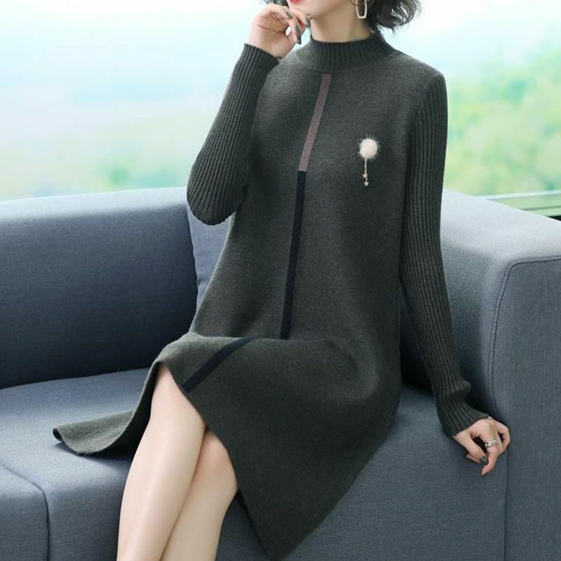 Women Autumn Winter Oversize Dress Knitting Sweater 2023 New Fashion Half High Collar Solid Patchwork Slim Office Lady Dress