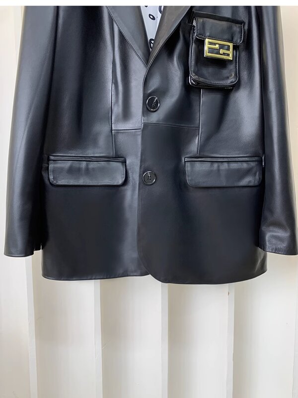 Brand New 2023 jesienna moda damska wysokiej jakości czarne marynarki z prawdziwej skóry eleganckie luźna, skórzana płaszcz C933