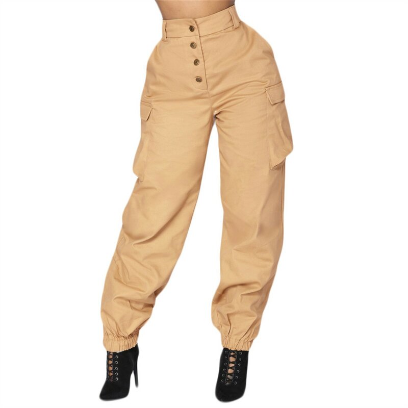 Calça cargosa de cintura alta feminina, calça casual simples diária com bolsos, cor sólida, botão que combina tudo, tendência da moda