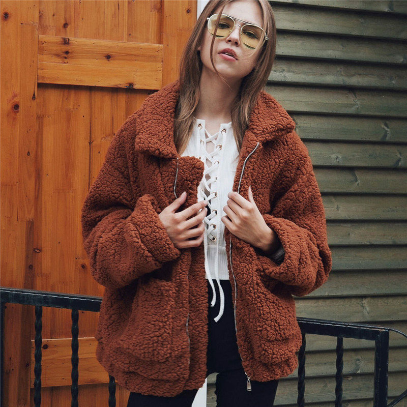 Fashion Casual Faux Fur Coat Ladies 2023 Winter Thick Warm Soft Wool Female Pocket Zipper Teddy Coat