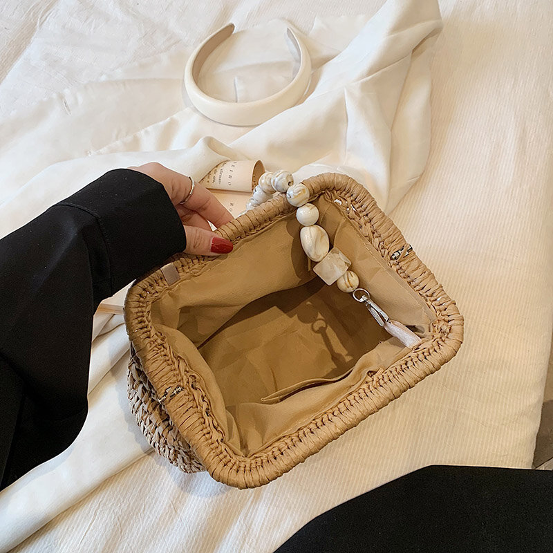Bolsa de ombro de palha tecida à mão feminina, bolsa casual feminina, axila boêmia, de alta qualidade, luxo, sentido, verão