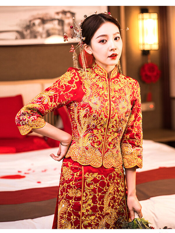 Vestido de novia de media manga con diamantes para mujer, ropa de novia recta, dragón y Fénix, estilo chino, rojo, boda, Qipao