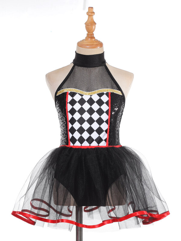 Kids Girls Halter Neck Checkerboard Sequins Ballet Tutu Dress Children's Dancewear for Halloween Roleplay Doll Clown Costume