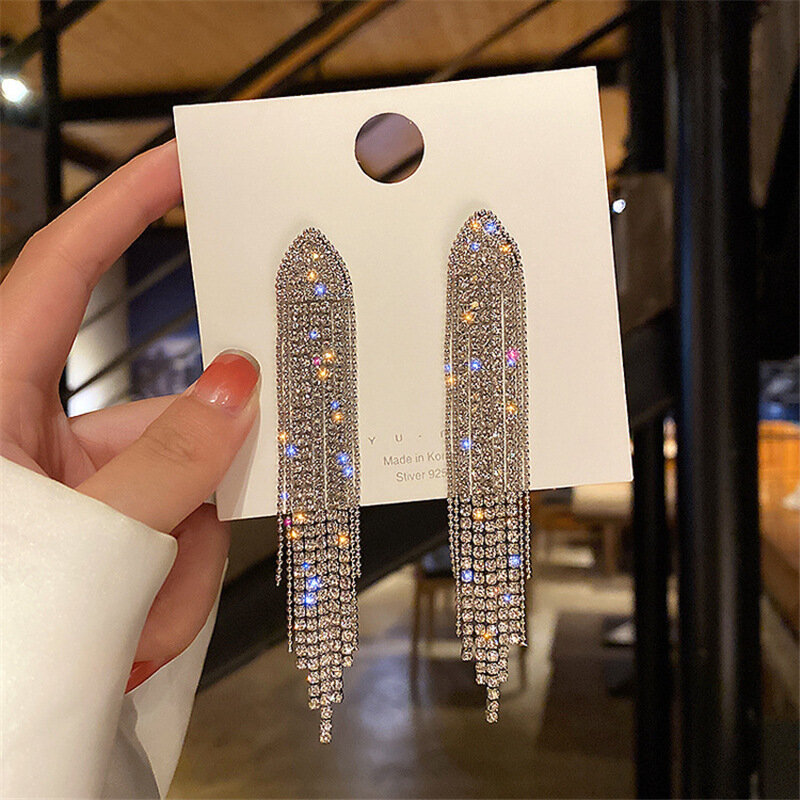 LATS-pendientes clásicos de cristal brillante para mujer, aretes largos exagerados con borla de diamantes de imitación, joyería coreana 2022