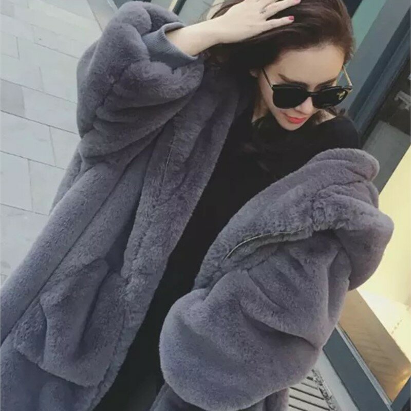 SUSOLA hoodie kualitas tinggi, mantel bulu palsu merah muda panjang, mantel musim dingin wanita, mantel bulu kelinci elegan ukuran besar