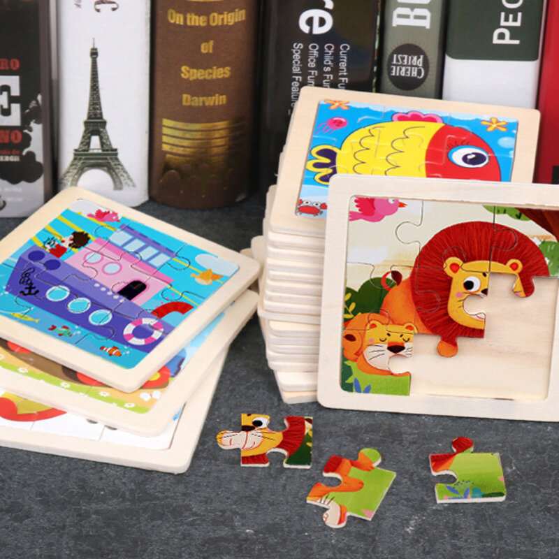 Juguete Montessori de madera para niños, material educativo 3D, rompecabezas de transporte de dinosaurios de dibujos animados, juguetes de aprendizaje, 9 piezas