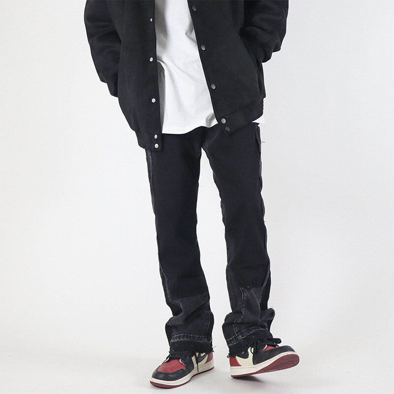 Jeans casual micro-flare masculino, design de costura, calça Y2K versão coreana, jeans patchwork, high street vibe, vento, venda quente