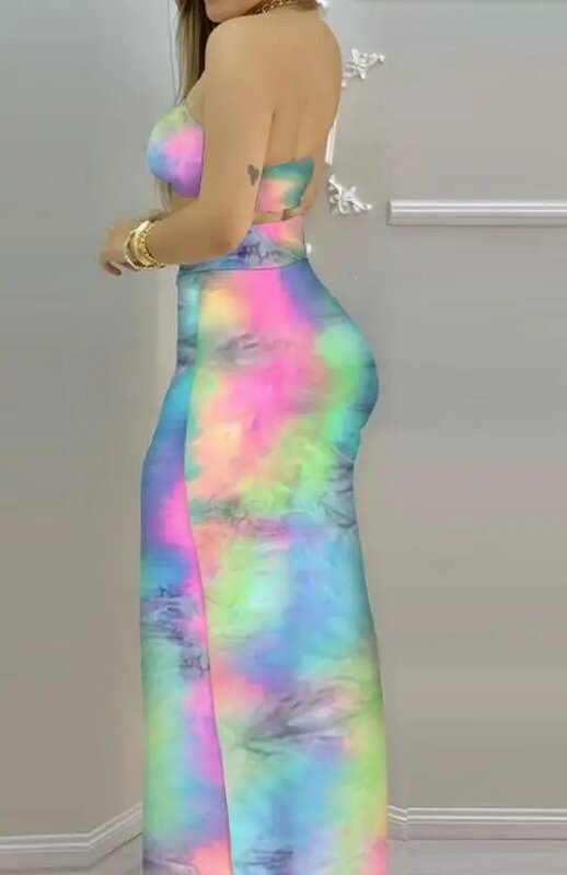 Spot-Top corto con estampado de Ginkgo para mujer, conjunto de falda con abertura alta y cordón ajustable, moda de verano, 2023