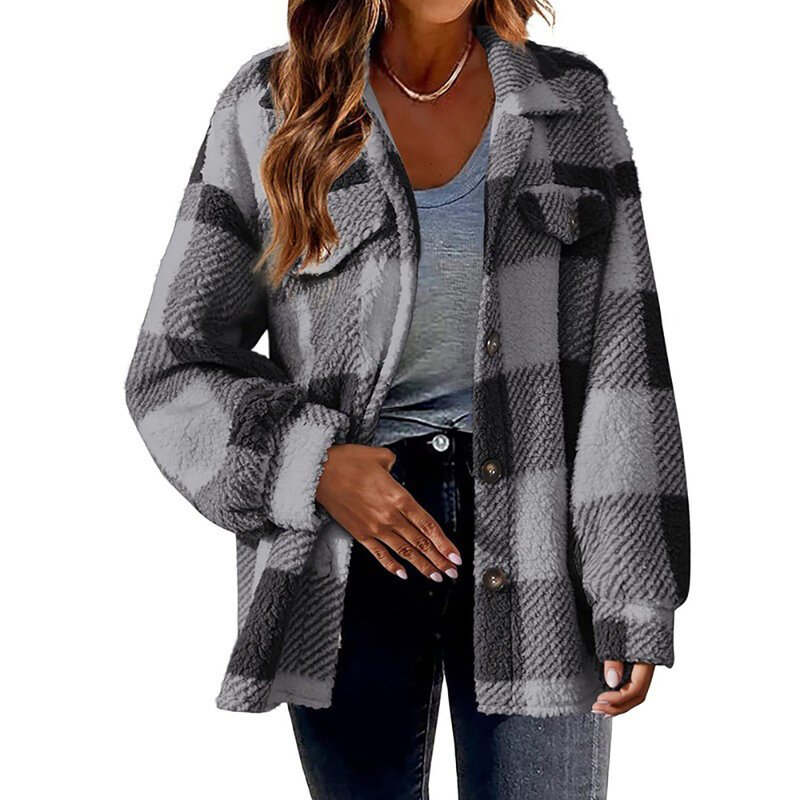 Женское клетчатое пальто из искусственного меха, теплая мягкая искусственная верхняя одежда, плюшевое пальто с карманом, модель сезона осень-зима 2023 года