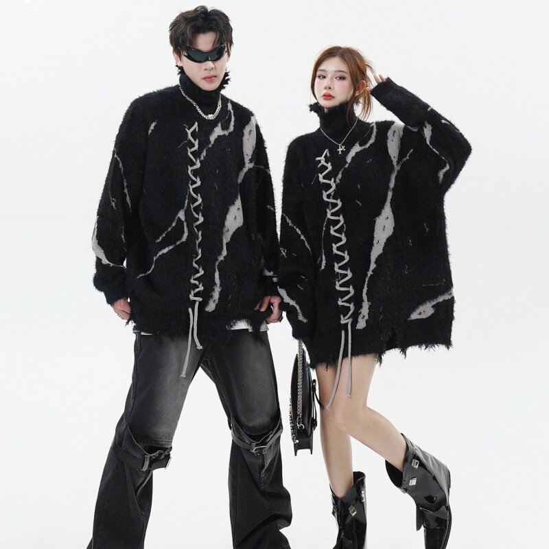 Amercian Vintage Dark Punk Style Jacquard maglioni lavorati a maglia uomo donna Y2K High Street Rag Edge Design dolcevita manica lunga top