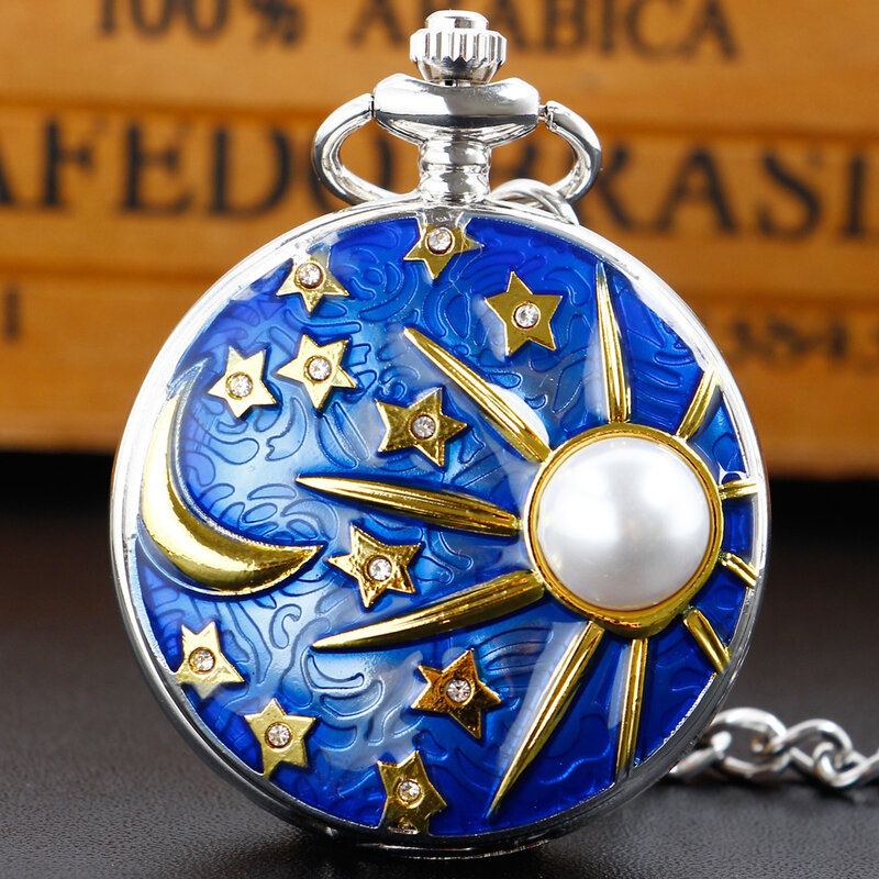 Relógio de bolso incrustado dourado com corrente Fob, colar Steampunk, lua e pérola, arte em relevo, céu estrelado azul, novo