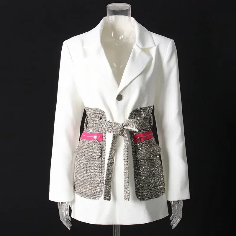 Pakaian Formal wanita, Blazer dengan sabuk hitam putih, lengan panjang kancing tunggal untuk pakaian kerja kantor wanita jaket mantel