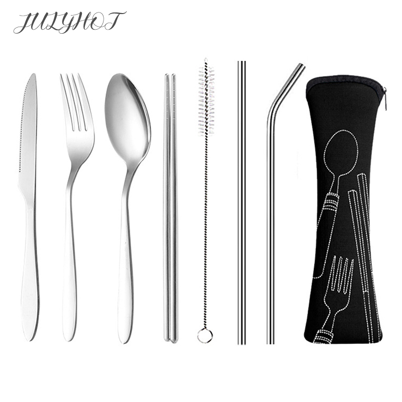 8Pcs Stainless Steel Tableware Straw Fork Spoon Family Travel Camping Cutlery