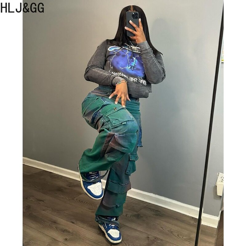 HLJ & 227-Pantalon cargo en denim à imprimé tie-dye pour femme, taille haute, bouton, jean droit, bas de cowboy féminin, mode de rue