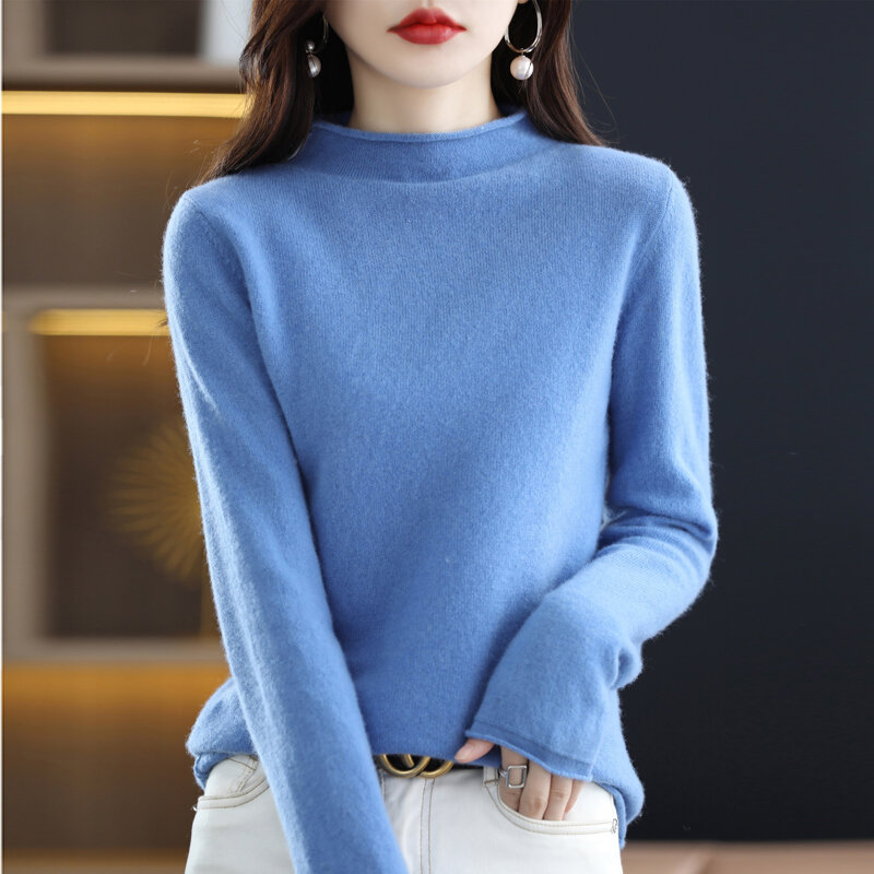 Camisola feminina de lã pura malha solta meia gola alta outono inverno novo pulôver quente manga longa moda versão coreana maré