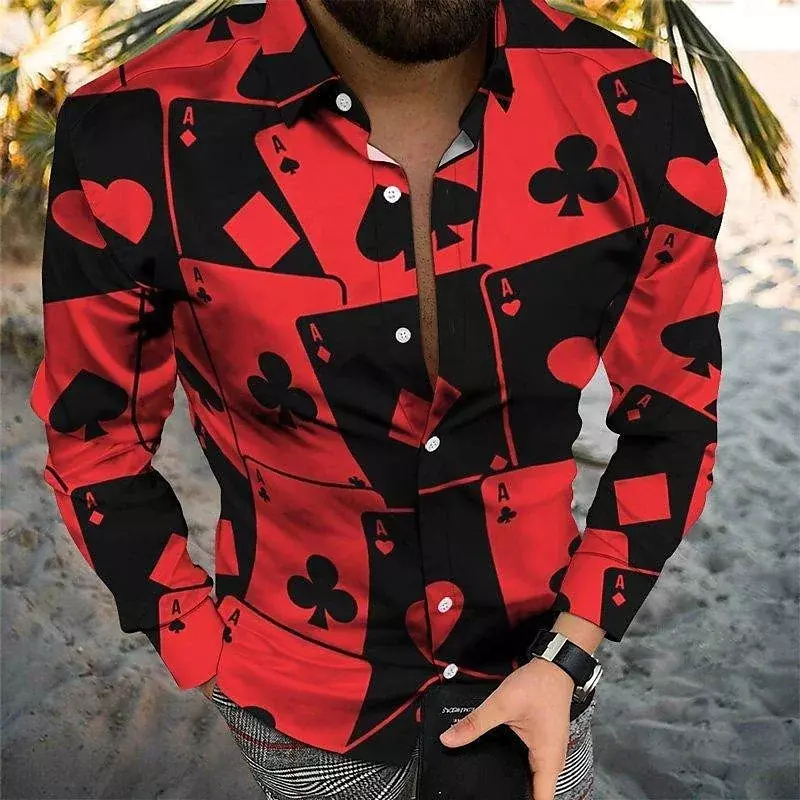 เสื้อคอปกเสื้อสำหรับผู้ชายประดับเพชรลายไพ่โป๊กเกอร์กราฟิก HD แฟชั่นลำลองไซส์ใหญ่2023ใหม่ฤดูใบไม้ผลิฤดูร้อน