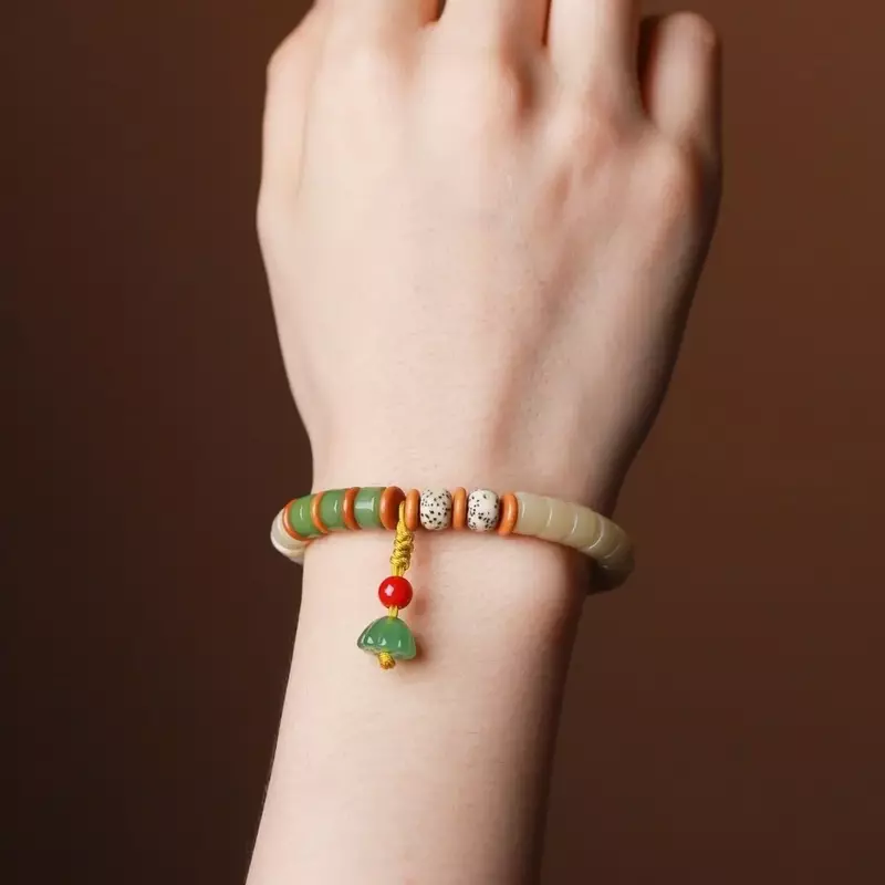Yuhua White Jade Bodhi Root Bracelet Hand-held Straight-cut Lotus Bodhi Handpiece Jewelry Women's Ethnic Style Tricolor Trend