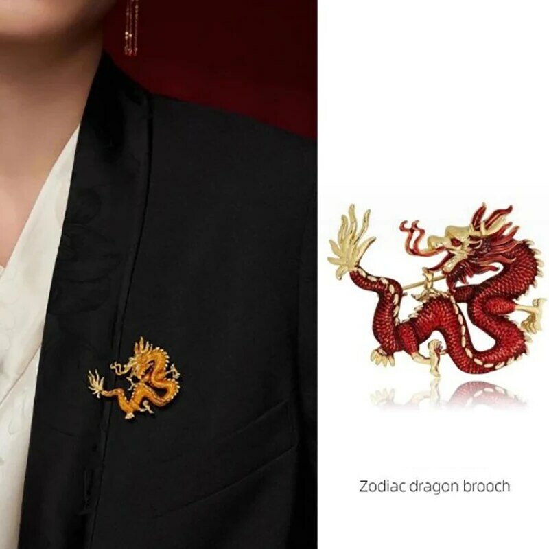 Chiński smok broszka akcesoria garnitur rzeźbione metalowe smok biżuteria Unisex chiński styl zodiaku biżuteria noworoczny prezent