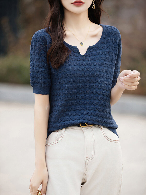 Hollow24SummerTT-shirtvCollar Depan katun wanita lengan plus ukuran dasar Pullover pendek Sweater
