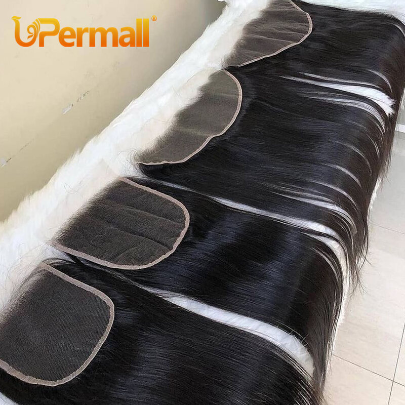 Upermall-Peluca de cabello humano liso con cierre completo, accesorio de color negro Natural, 100% Remy, HD, 13x6, 13x4, 4x4, 5x5, 6x6, suizo