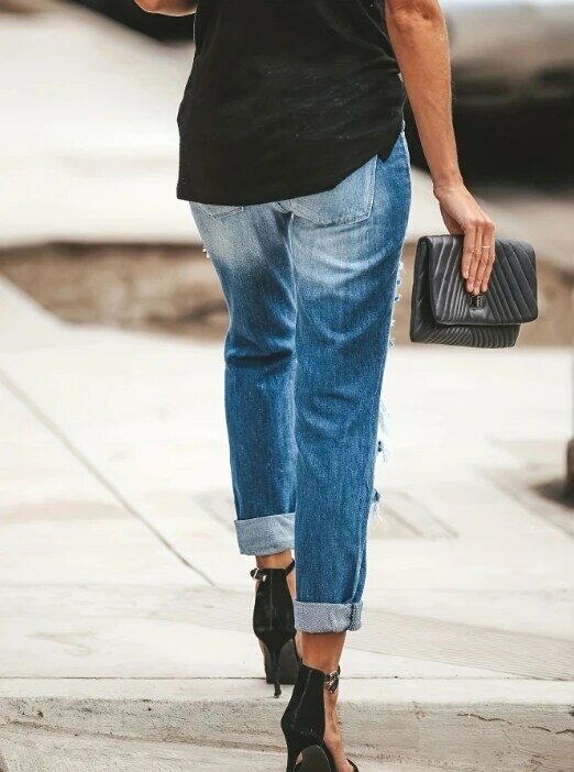Celana panjang sobek untuk wanita, celana panjang Jeans ujung berlubang lurus kasual pudar gaya jalanan Musim Panas 2024, celana panjang meruncing