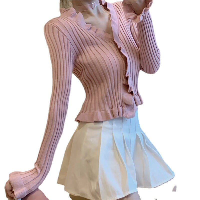 Sweater Solid Cardigan Women Long Sleeve Ruffles Female Girls Y2k Clothes Black T Shirts Korean Style V Neck Elegant Vintage Tee
