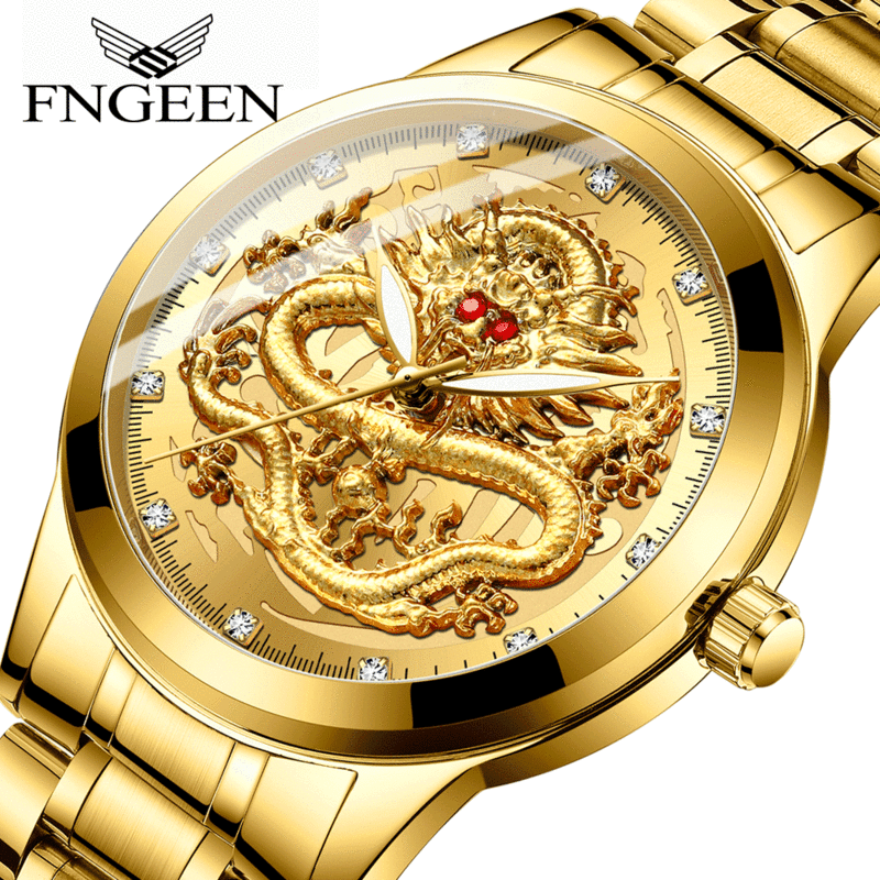 FNGEEN-reloj dorado de lujo para hombre y mujer, cronógrafo de cuarzo redondo con esfera grande, diseño de dragón Phoenix, resistente al agua, calendario luminoso, fecha