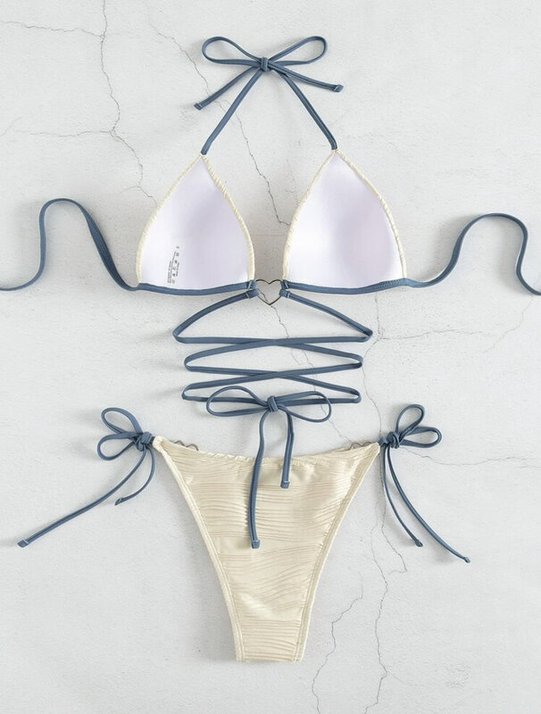 Conjunto de Bikini con cuello Halter para mujer, Bikini Bandage liso con Espalda descubierta, ropa de playa triangular, tendencia de verano, 2024