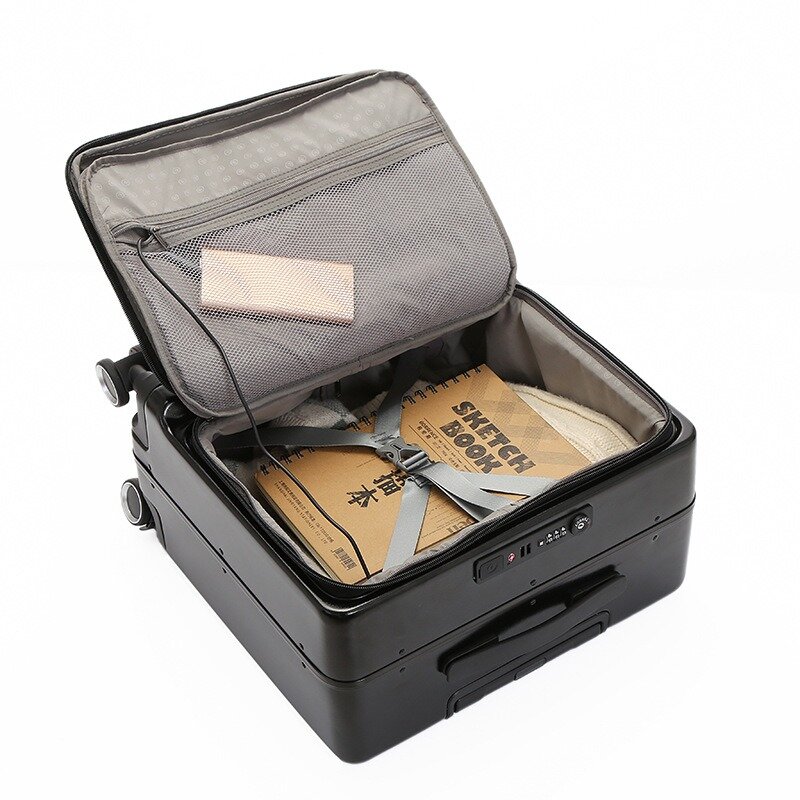 Casing pembawa bagasi bisnis, koper berpergian bingkai aluminium dengan pengisian daya USB 18 inci