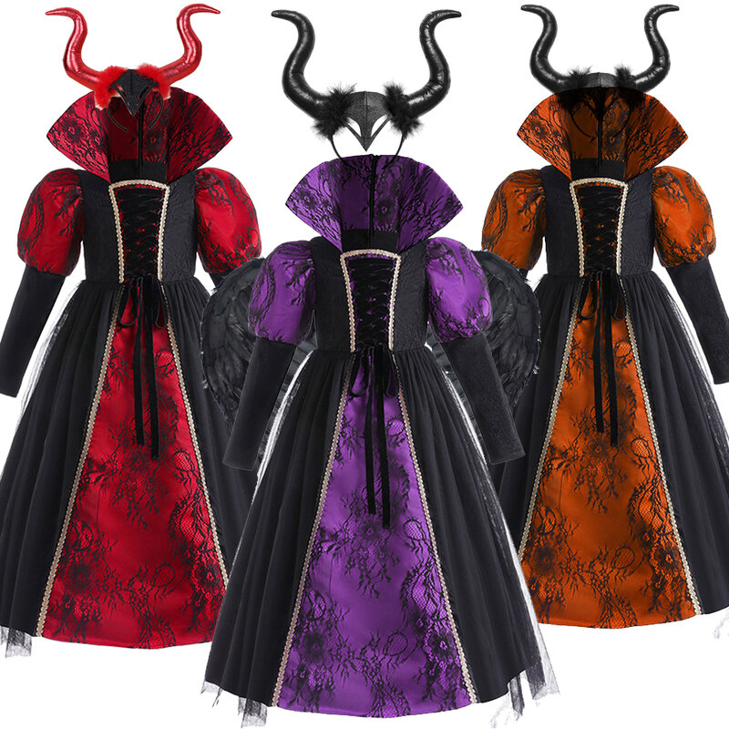 Mädchen schwarz Teufel Hexe Luxus kleid dunkle Mesh Stickerei Phantasie Party Kleidung Karneval Halloween Geburtstag Kostüm für Kinder 10t