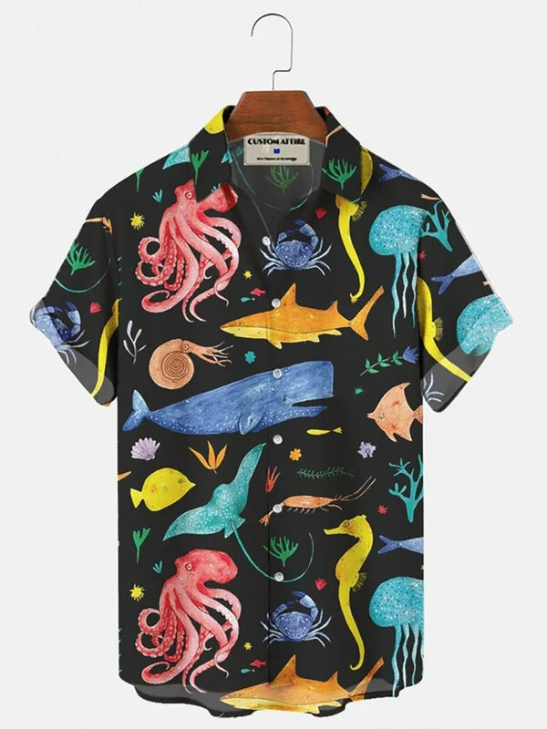夏の花海動物漫画プリント男性女性ボタンアップ半袖シャツファッションシャツ半袖トップ