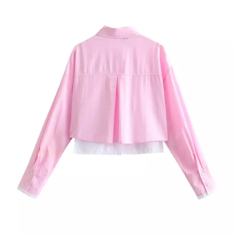 Damen neue Mode Flip Dekoration kurze lässige Spleißen Oxford Shirt Retro Langarm Knopf Damen hemd einzigartige Top