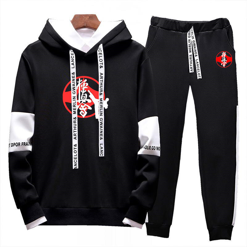 Kyokushin Set pakaian olahraga pria, baju switer cetak Karate dua potong, Hoodie Pullover musim gugur musim dingin + celana