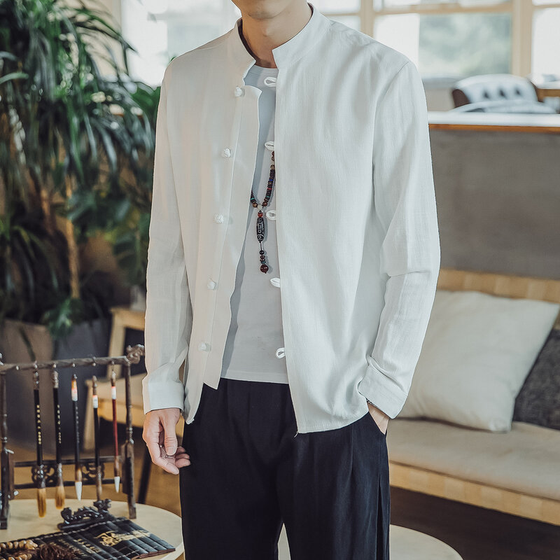 Hanfu เสื้อเชิ๊ตผู้ชายย้อนยุคเสื้อคอตั้งแขนยาวฝ้ายลินินจีนแบบดั้งเดิมเสื้อผ้าแนวสตรีท