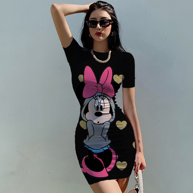 แฟชั่น Disney Minnie Mickey Mouse พิมพ์ Bodycon ชุดมินิเดรสผู้หญิงเซ็กซี่เที่ยวกลางคืน2023 Vestidos ชุด