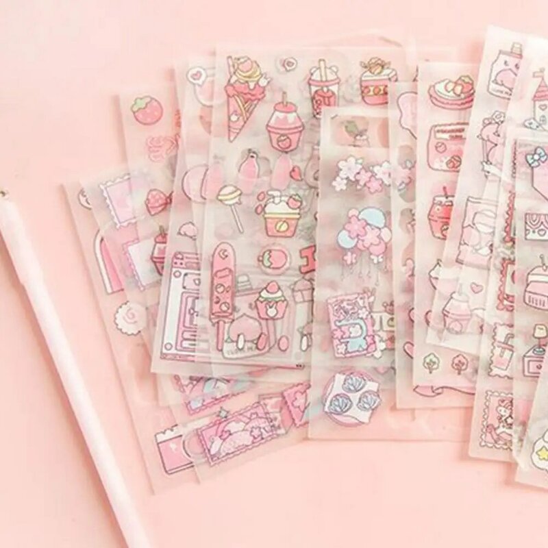 4 Sheets Kawaii Anime Stickers Scrapbooking Stationery PET Scrapbooking Stationery Cartoon Decals DIY Luggage Stickers