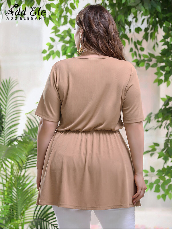 Adicionar elegante blusas femininas de verão tamanho grande o pescoço elástico cintura botão hem solto manga curta casual sólido moda topos b232