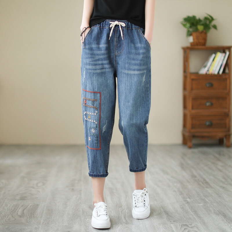 Geborduurde Baggy Jeans 2023 Zomer Dames Denim Capri Mode Gescheurd Gat Elastische Hoge Taille Causale Vintage Losse Harembroek