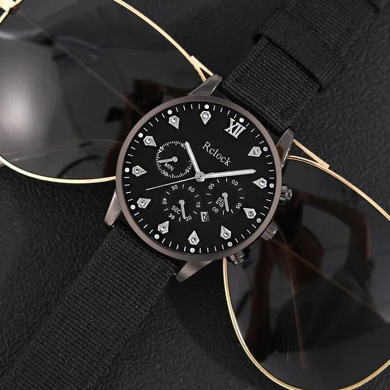 3 Stück Set Mode Herren Kalender Uhren Männer Business Casual Hand Seil Halskette schwarz Nylon armband Quarzuhr Relogio Masculino