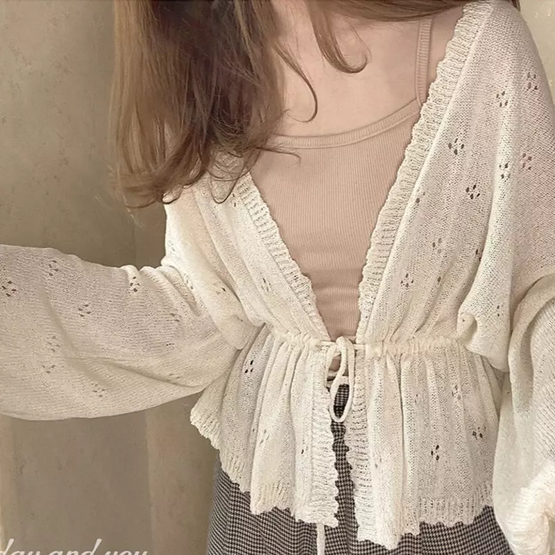 Women Cardigan Loose Lace Up Vintage Knitted Sweater Sweet Girl Batwing Sleeve Sun Protection Korean Style Solid Casual Coat