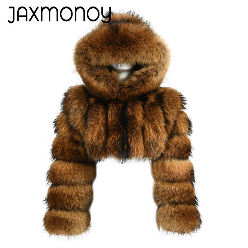 Jaxmonoy Mantel Bulu Rakun Asli untuk Wanita Mode Musim Dingin Jaket Bulu Berkerudung Pakaian Luar Hangat Lengan Penuh Mewah Gaya Baru Wanita