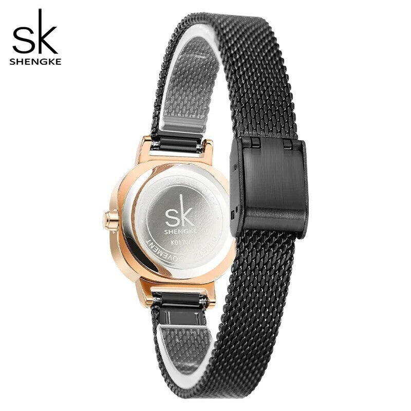 Shengke nowy luksusowy zegarek dla kobiet klasyczny plac Rhinestone Dial zegarki damskie czarny pasek Milanese japoński mechanizm kwarcowy
