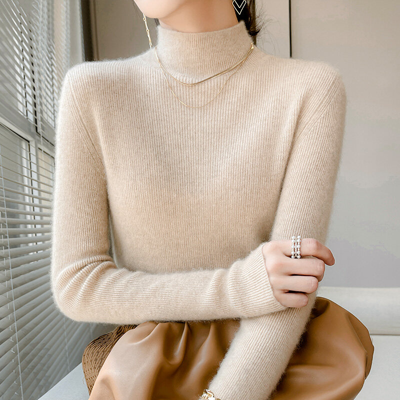 Jersey de punto de lana para mujer, jersey de cuello alto Medio, versátil y delgado, de color liso, otoño e invierno, 2022